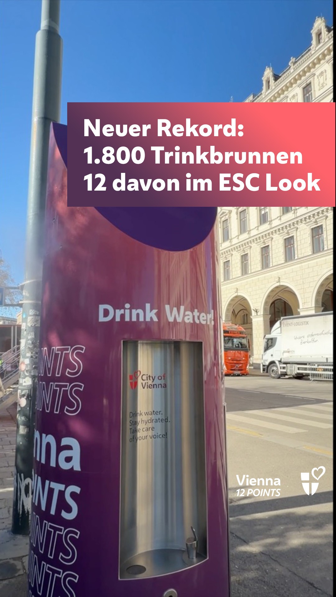 12 Brunnhilden im ESC-Look zeigen euch, wo ihr euch erfrischen könnt.💧 An 1.800 Trinkbrunnen haben die Menschen in der Stadt Zugang zu Wiener Hochquellwasser. Damit gibt’s in Wien jetzt mehr kostenlose Erfrischung als je zuvor. Alle Standorte findet ihr ab Ende April in unserem digitalen Stadtplan unter www.wien.gv.at/stadtplan/